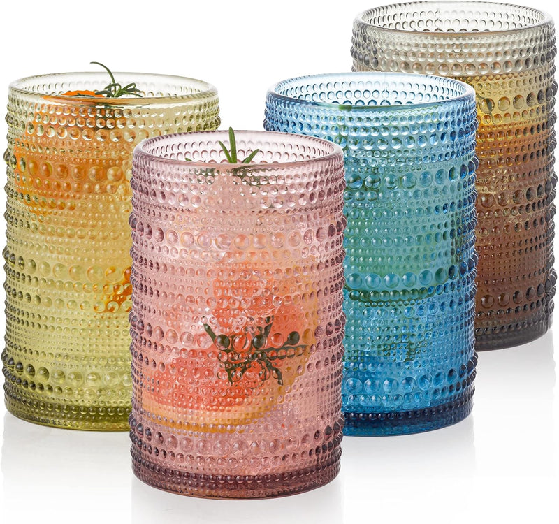 Hobnail Drinking Glasses, 15.2 oz, Set of 4, Multicolor