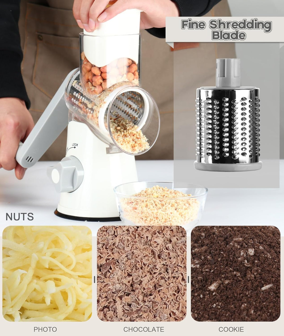 Rotary Hand Crank Shredder for Effortless Grating of Cheese, Vegetables, Nuts, and Chocolate