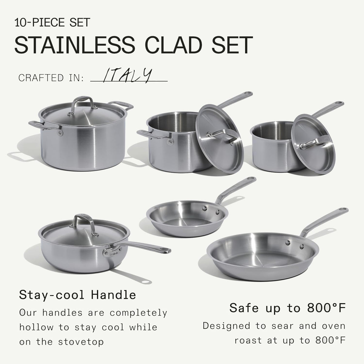 Made in Cookware - 10 Piece Stainless Steel Pot and Pan Set - 5 Ply Clad - Includes Stainless Steel Frying Pans, Saucepans, Saucier and Stock Pot W/Lid - Professional Cookware - Crafted in Italy