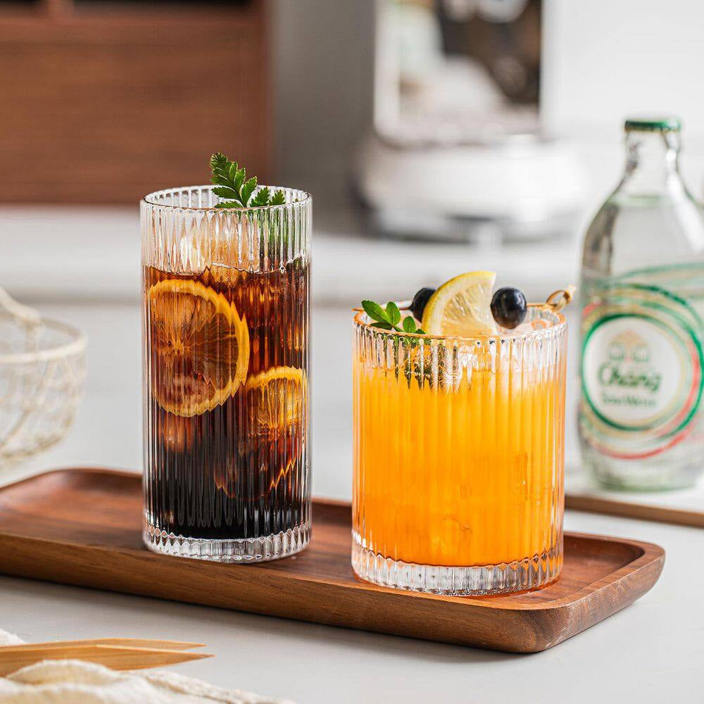 Set of 8 Vintage Glassware, 4 Highball Glasses 12 Oz, 4 Rocks Glass Cups 14 Oz, Ribbed Glassware Cocktail Glasses