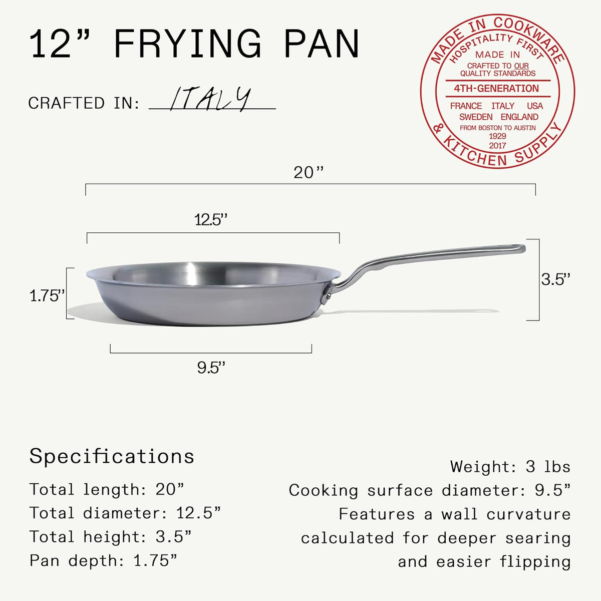 Made in Cookware - 12-Inch Stainless Steel Frying Pan - 5 Ply Stainless Clad - Professional Cookware - Crafted in Italy - Induction Compatible