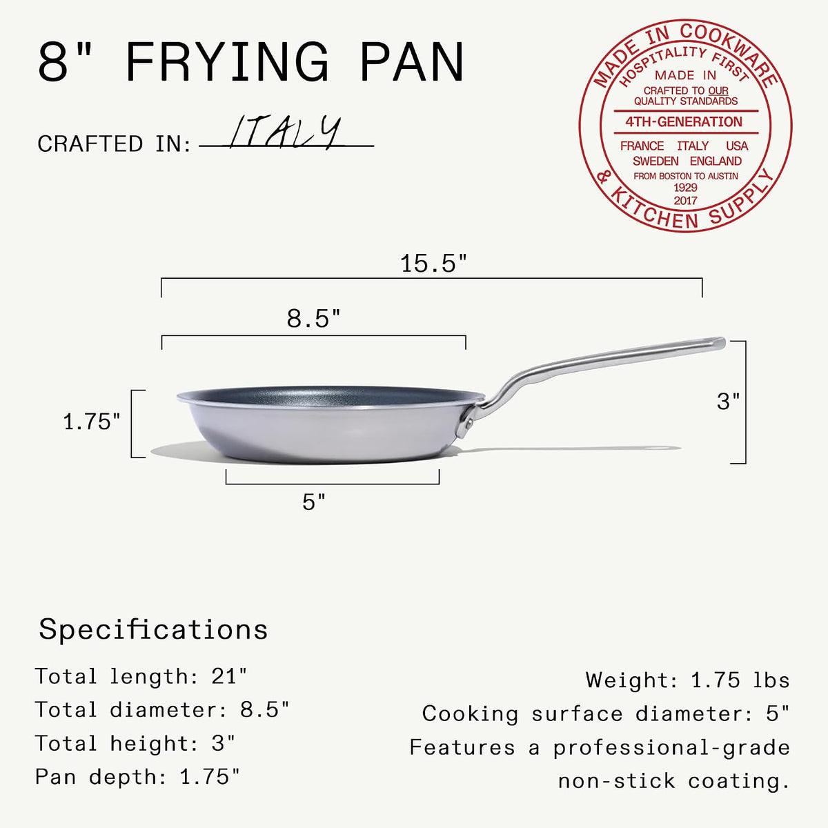 Made in Cookware - Procoat 8" Non Stick Frying Pan (Graphite) - 5 Ply Stainless Clad Nonstick - Professional Cookware - Crafted in USA - Induction Compatible