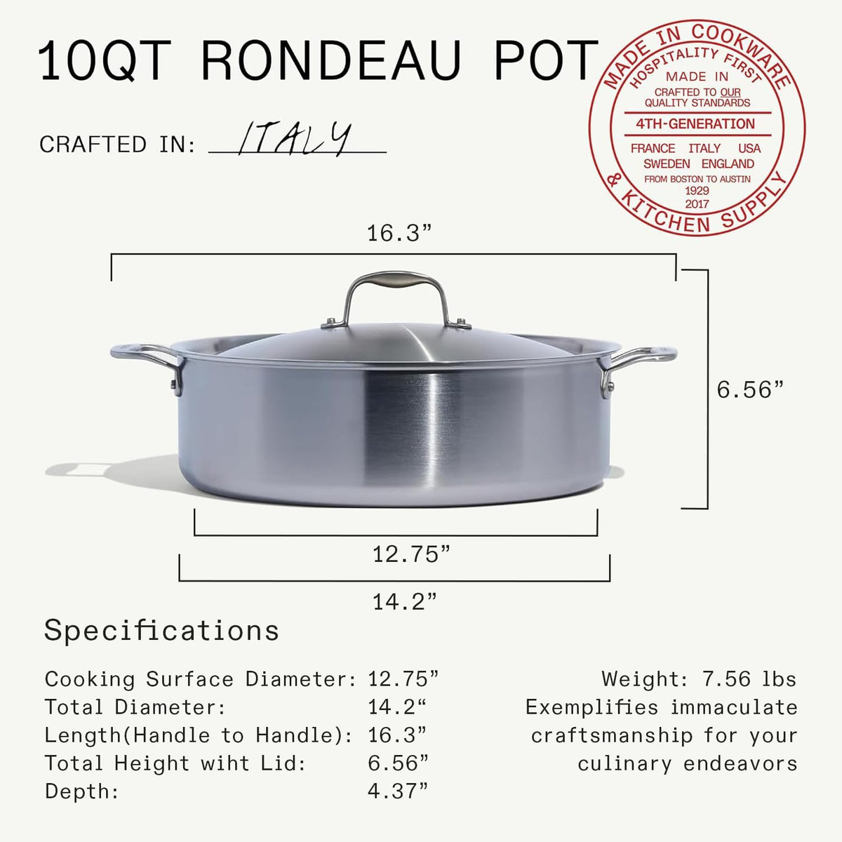 Made in Cookware - 10 Quart Stainless Steel Rondeau Pot W/Lid - 5 Ply Stainless Clad - Professional Cookware - Crafted in Italy - Induction Compatible