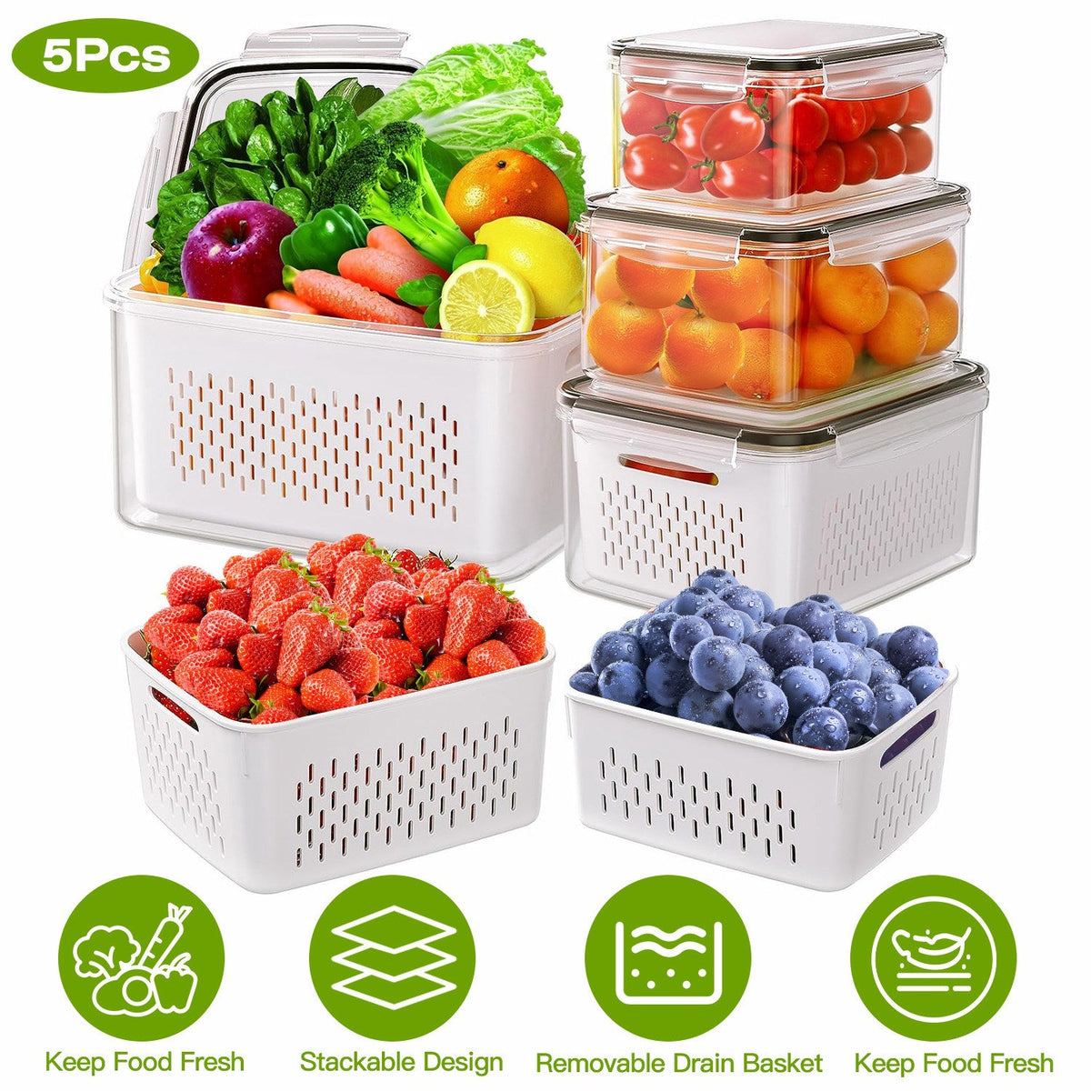 Produce Storage Containers with Drain Baskets, Set of 5