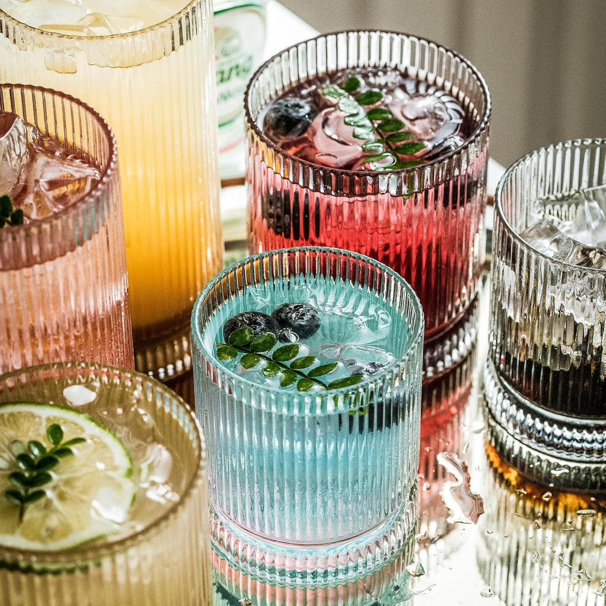 Ribbed Glass Cups Set, 13Oz Vintage Drinking Glassware Set of 4, Premium Rocks Glass Cups, Elegant Mixed Glassware Set, Origami Style Cocktail Glasses, Great for Cocktail, Whisky & Beverages