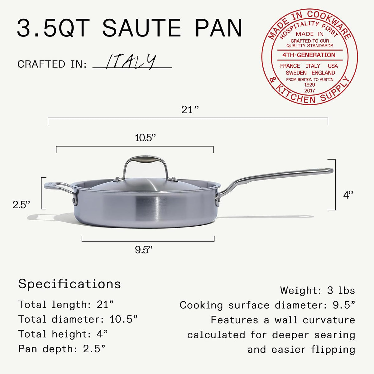 Made in Cookware - 3.5 Quart Stainless Steel Saute Pan - 5 Ply Stainless Clad - Professional Cookware - Induction Compatible - Crafted in Italy