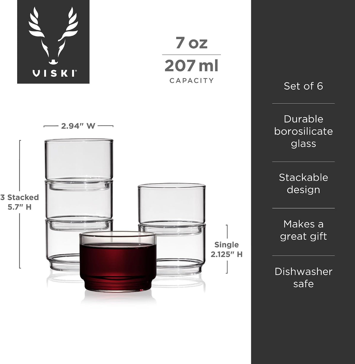 Bodega Glasses - Stackable Drinking Glasses Set - Modern Glassware for Wine and Cocktails - 7Oz Set of 6