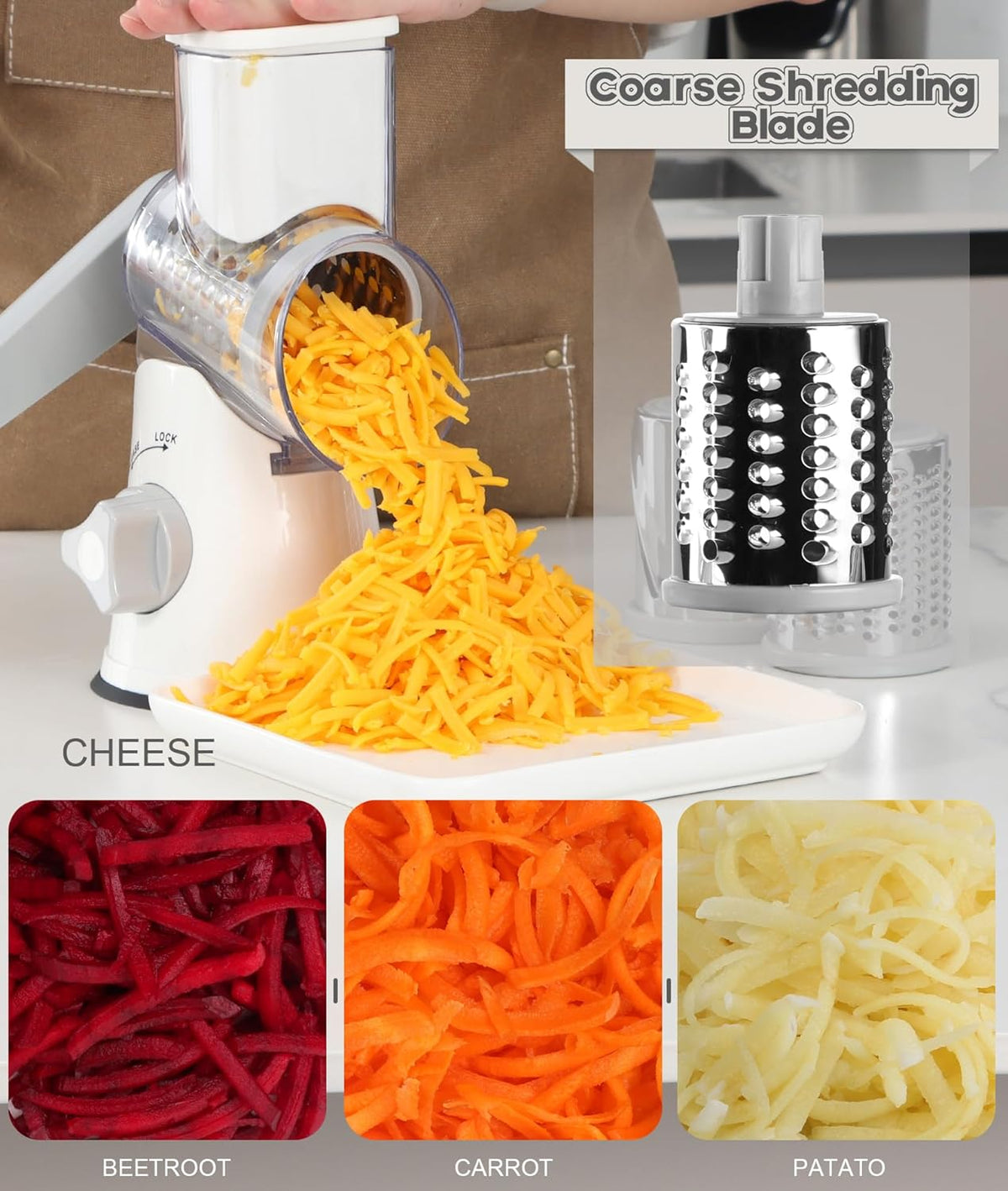 Rotary Hand Crank Shredder for Effortless Grating of Cheese, Vegetables, Nuts, and Chocolate