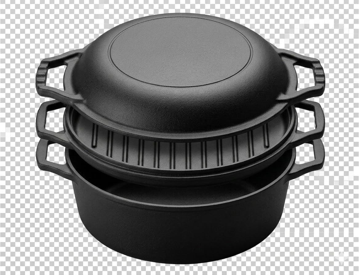 3-In-1 Triple Dutch Oven Multi-Cooker Double Dutch Pre-Seasoned Cast Iron Dutch Oven Set with Reversible Grill Pan Lid, 5 Quart Combo Cooker Deep Skillet and Griddle Pan, Heavy Duty Non-Stick Pot for Baking, Grilling, Frying, Stovetop and Oven