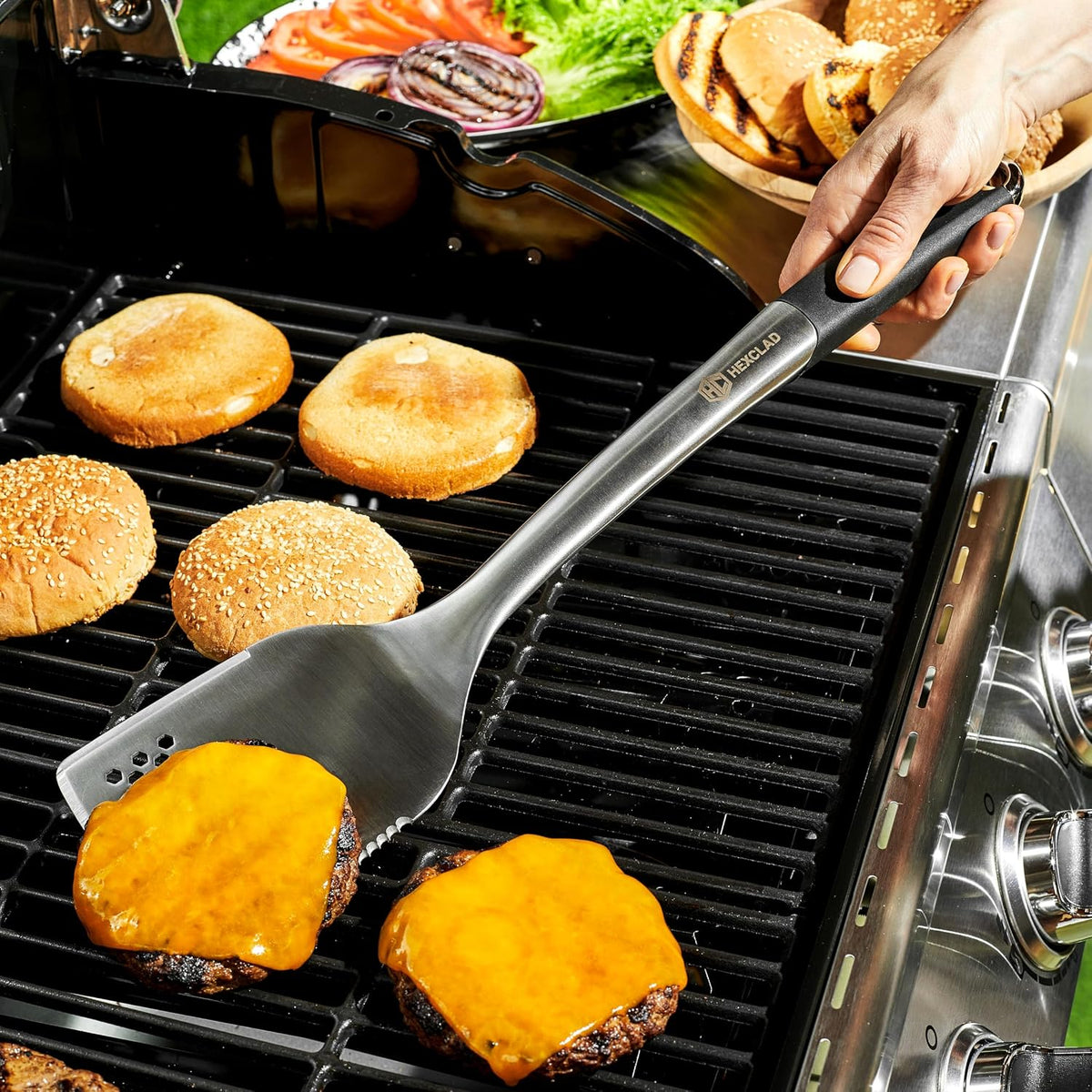 Hexclad 8Pc BBQ Tool Set with Spatula, Tongs, Brush, Grill Fork & Skewers