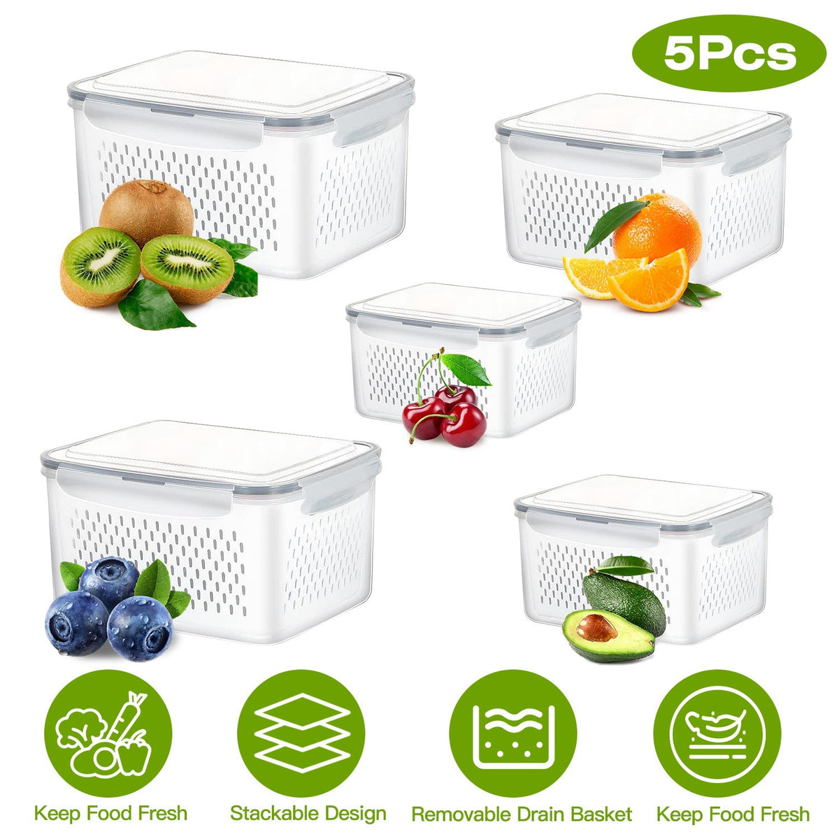 Produce Storage Containers with Drain Baskets, Set of 5