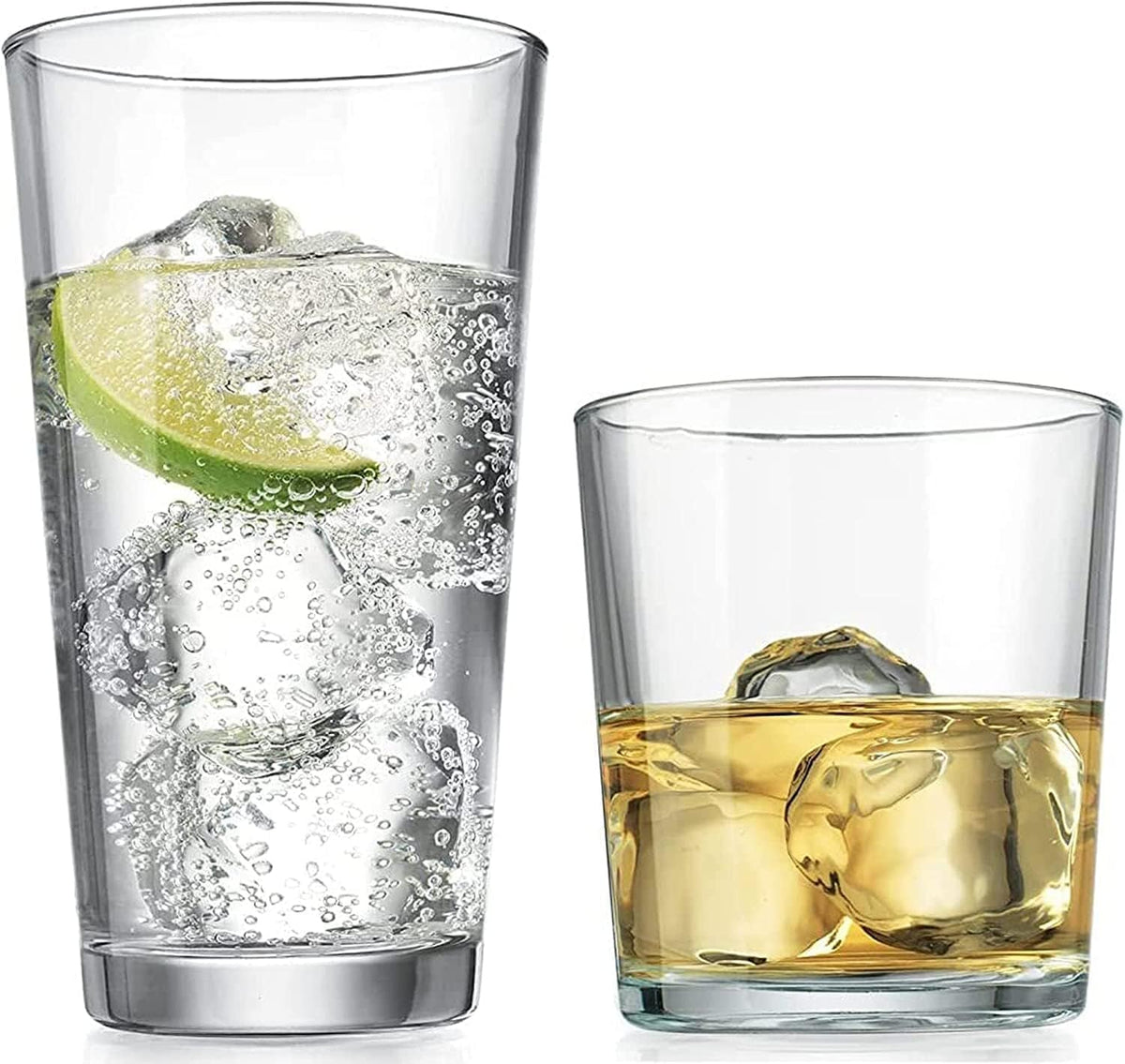 Drinking Glasses Set of 12. Glassware Set, 6 Highball Glass Cups, 6 Whiskey Glasses. Classic Drinkware Set 17 Oz Tall Glasses Set and 13 Oz Rock Glasses.