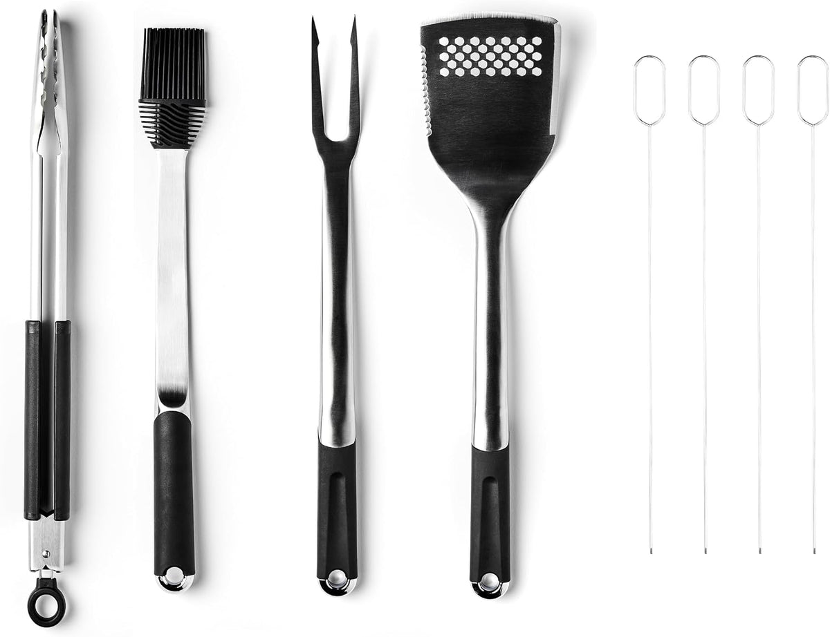 Hexclad 8Pc BBQ Tool Set with Spatula, Tongs, Brush, Grill Fork & Skewers