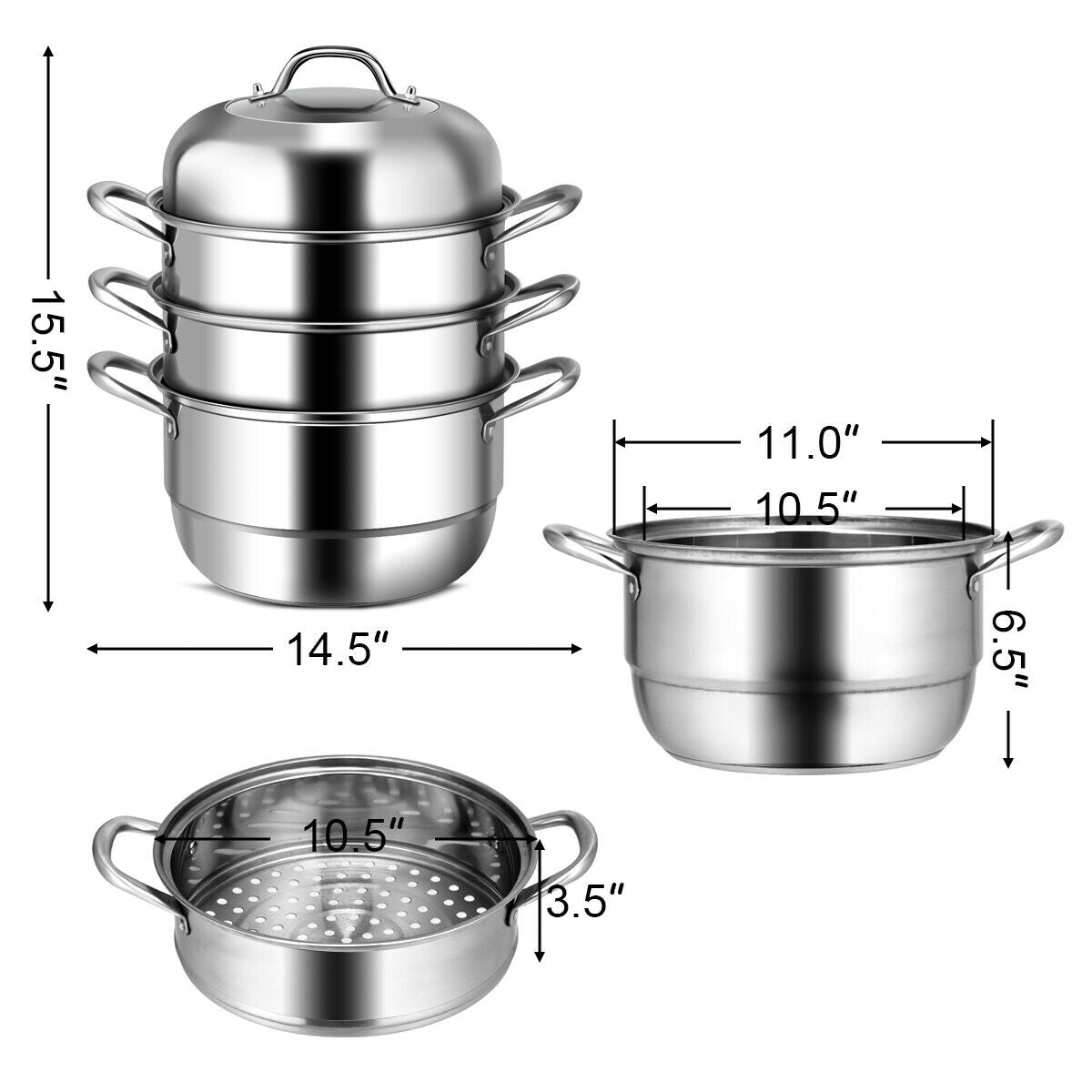 Stainless Steel Steamer, 3-Tier