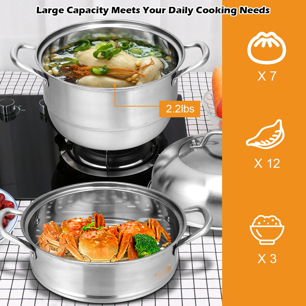 Stainless Steel Steamer, 3-Tier
