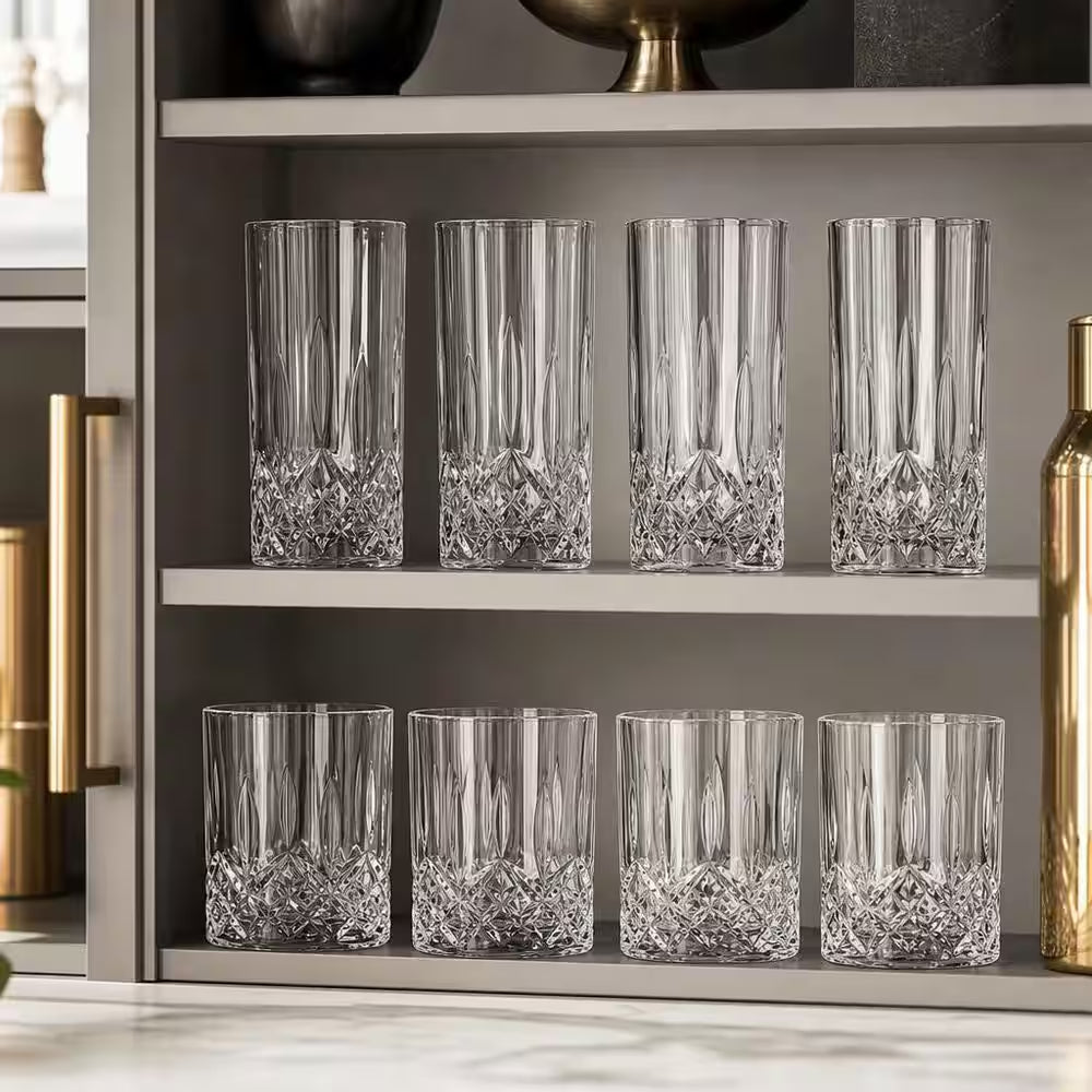 Clear Crystal Glass Cups Set with 11 Oz. Old Fashioned Highballs and 11 Oz. Whiskey Glasses (Set of 8)