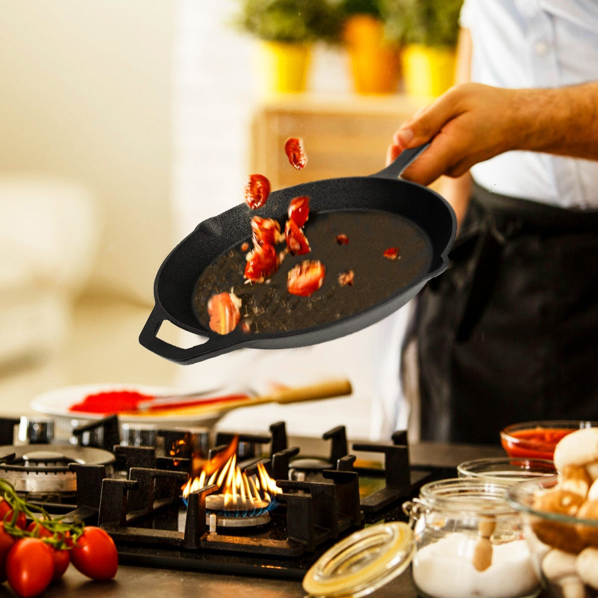 LJG Pre-Seasoned Cast Iron Skillet with Handle Holder, 12 in