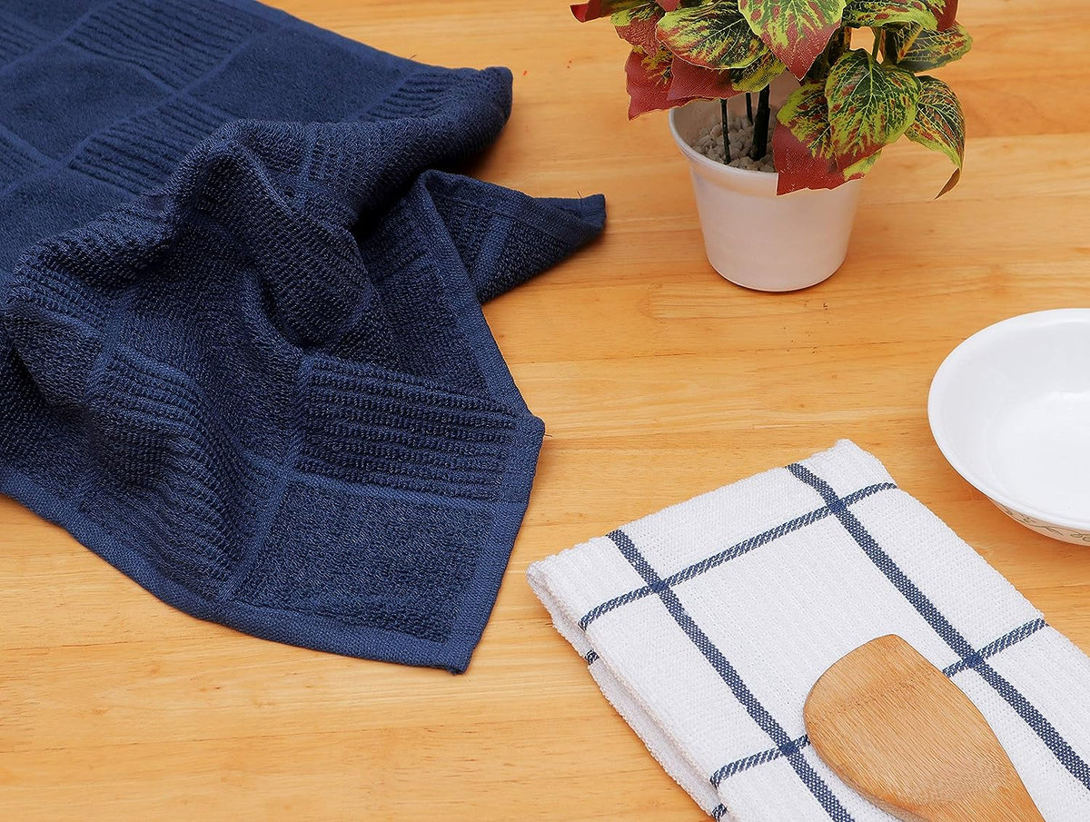 Set of 4 Ultra Absorbent Terry Cotton Kitchen Towels, Quick-Drying Hand and Tea Towels, Soft and Durable Cleaning Cloths with Hanging Loop, 16 x 26 Inches (Navy/Blue)