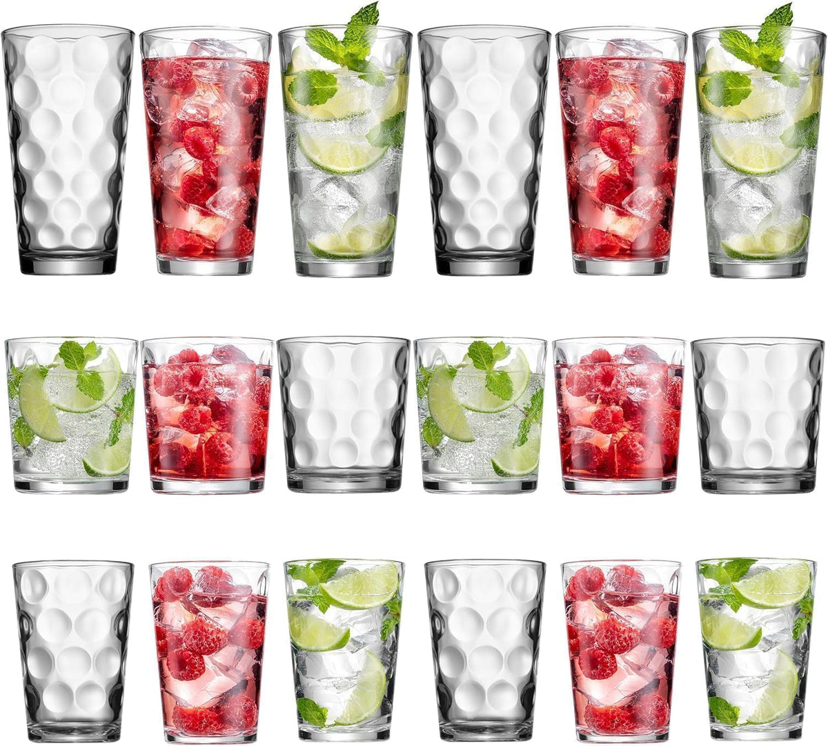 Melrose 18-Piece Family Drinking Glasses Set - Drinking Glassware Set with Highball Cooler, DOF (Double Old Fashioned), and Juice Glasses - 6 Each