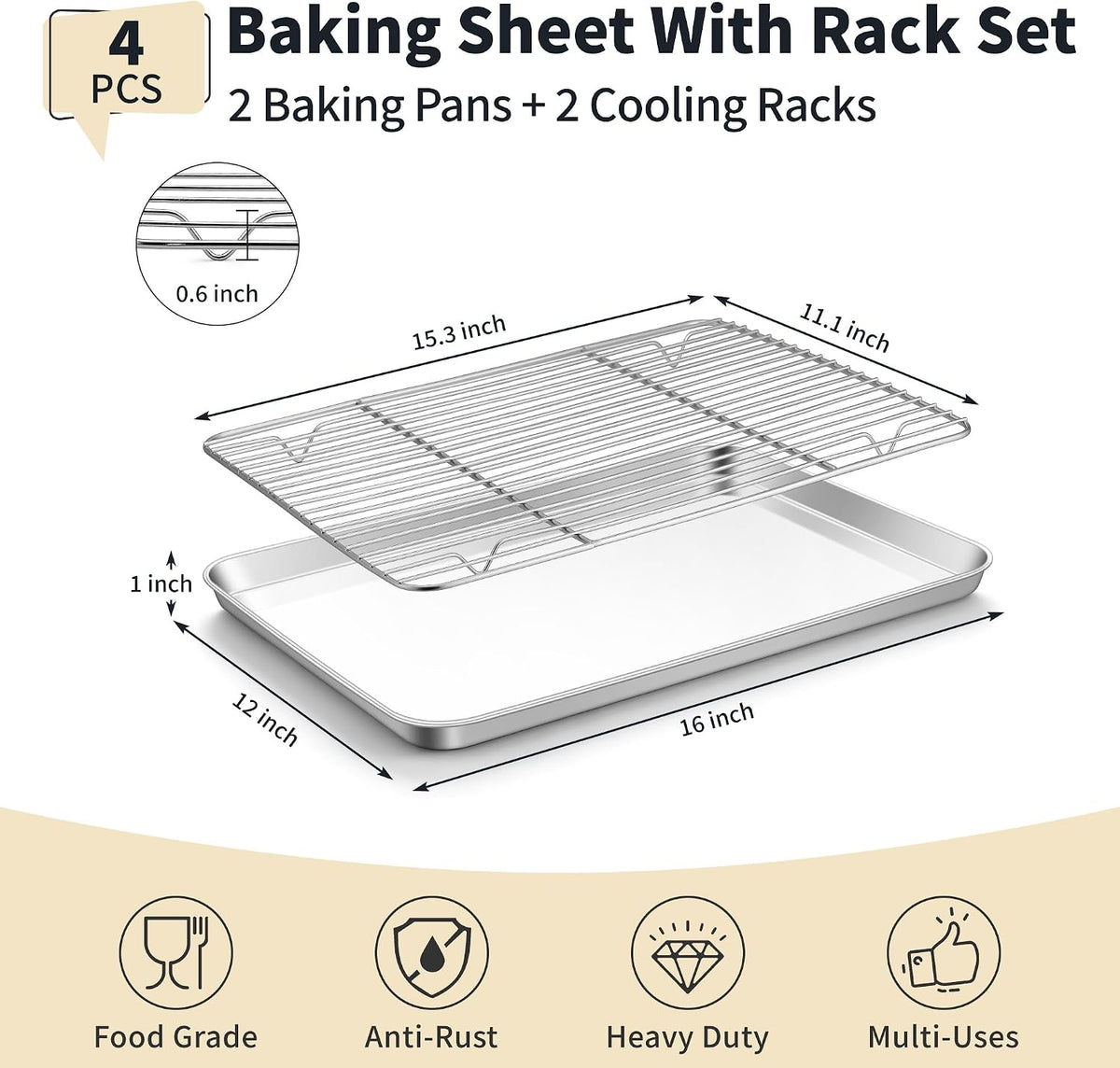 Stainless Steel Baking Sheet with Rack Set, 16"X12"X1"