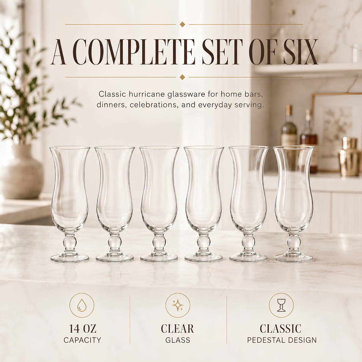 Hurricane Drinking Glasses, Set of 6, Clear