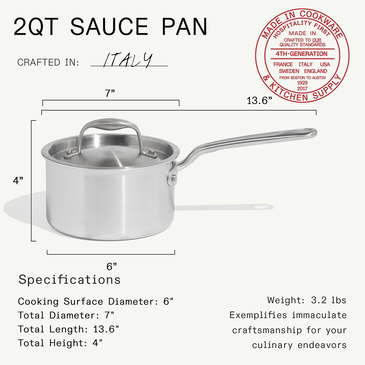 Made in Cookware - 2 QT Ceramiclad Non Stick Saucepan with Lid - 5-Ply Stainless Clad with Stay-Cool Handle - Professional Cookware - Crafted in Italy - Induction Compatible