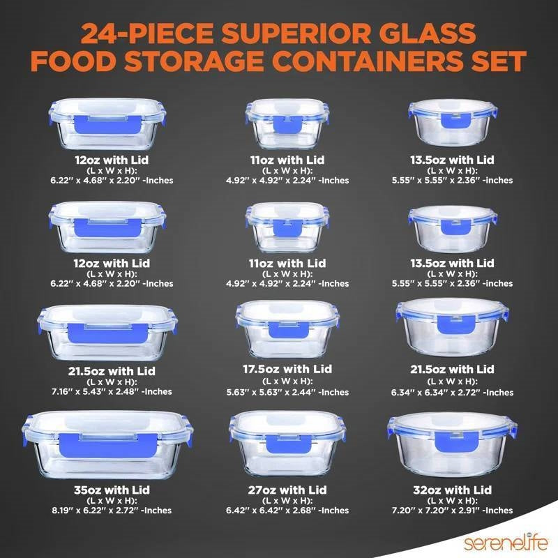 Glass Food Storage Container Set with Lids, 24-Piece