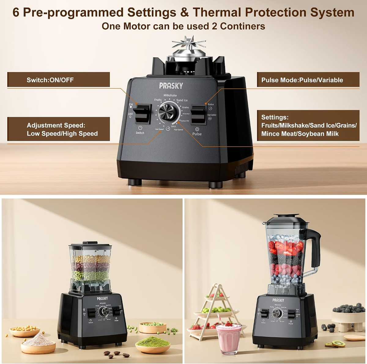 PRASKY Blender and Grinder Combo, 68 oz
