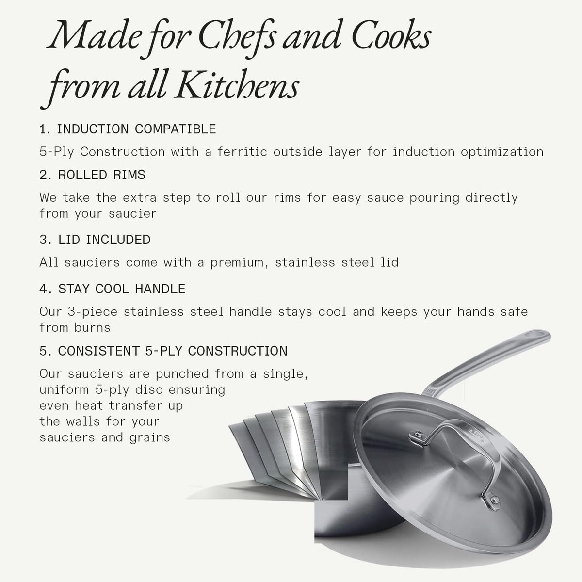 Made in Cookware - 5 Quart Stainless Steel Saucier Pan - 5 Ply Stainless Clad - Professional Cookware - Crafted in Italy - Induction Compatible