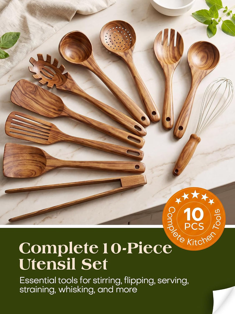 Teak Wood Kitchen Utensil Set, 10-Piece