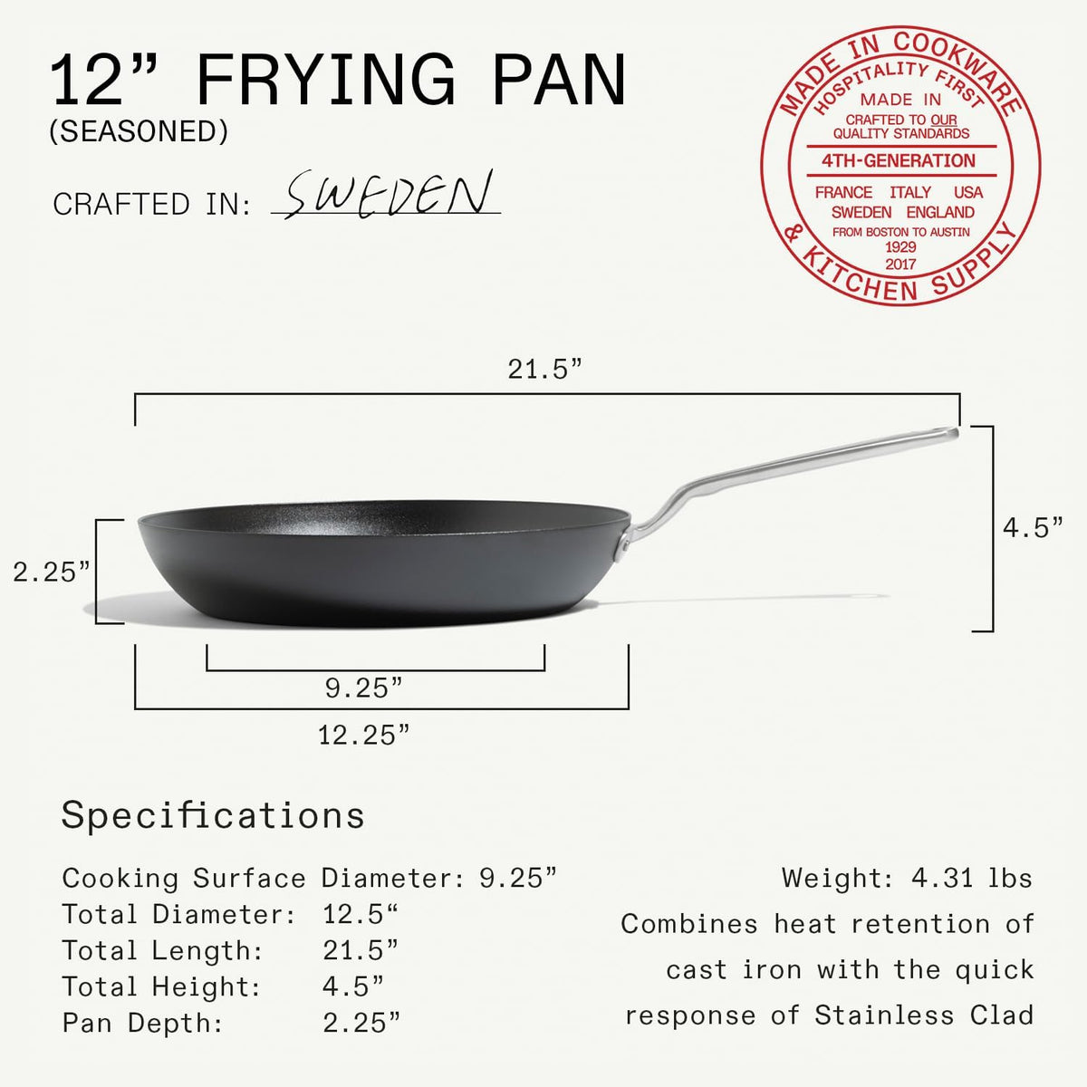 Made in Cookware - Seasoned 12" Carbon Steel Frying Pan - Professional Cookware - Crafted in Sweden - Induction Compatible