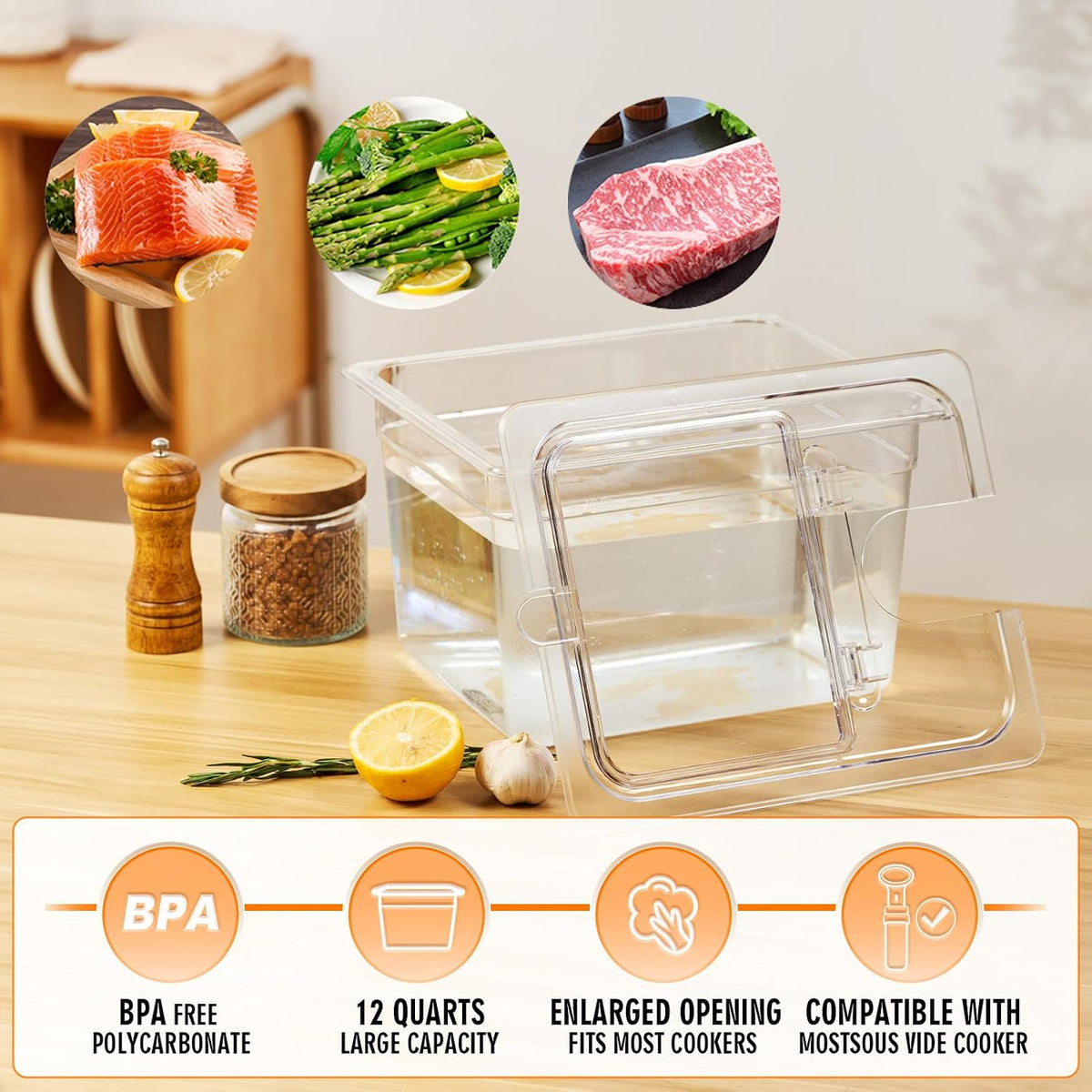 Sous Vide Container 12 Quart with Universal Collapsible Hinged Lid