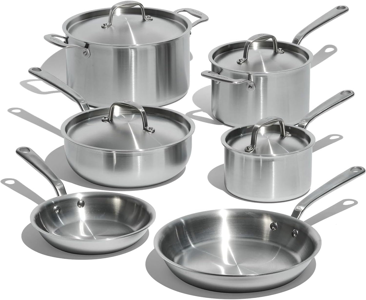 Made in Cookware - 10 Piece Stainless Steel Pot and Pan Set - 5 Ply Clad - Includes Stainless Steel Frying Pans, Saucepans, Saucier and Stock Pot W/Lid - Professional Cookware - Crafted in Italy