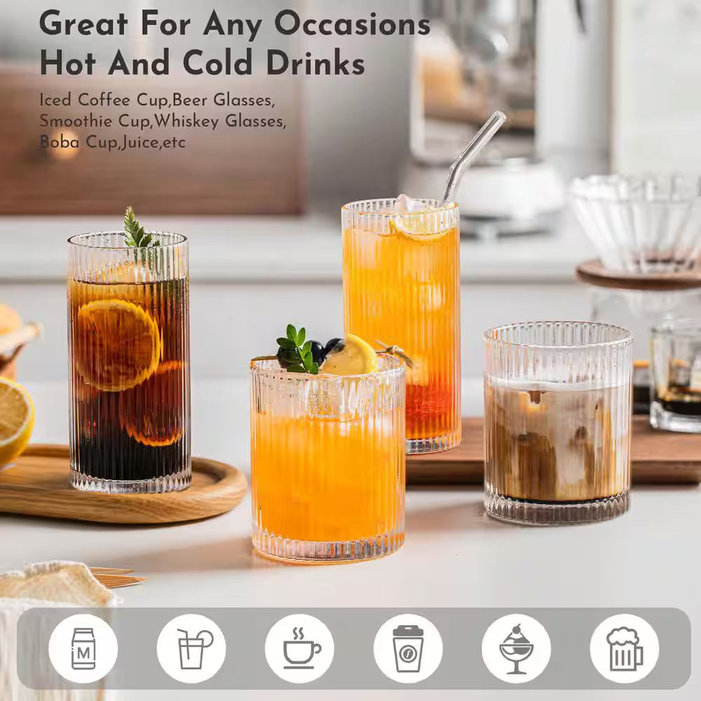 Set of 8 Vintage Glassware, 4 Highball Glasses 12 Oz, 4 Rocks Glass Cups 14 Oz, Ribbed Glassware Cocktail Glasses