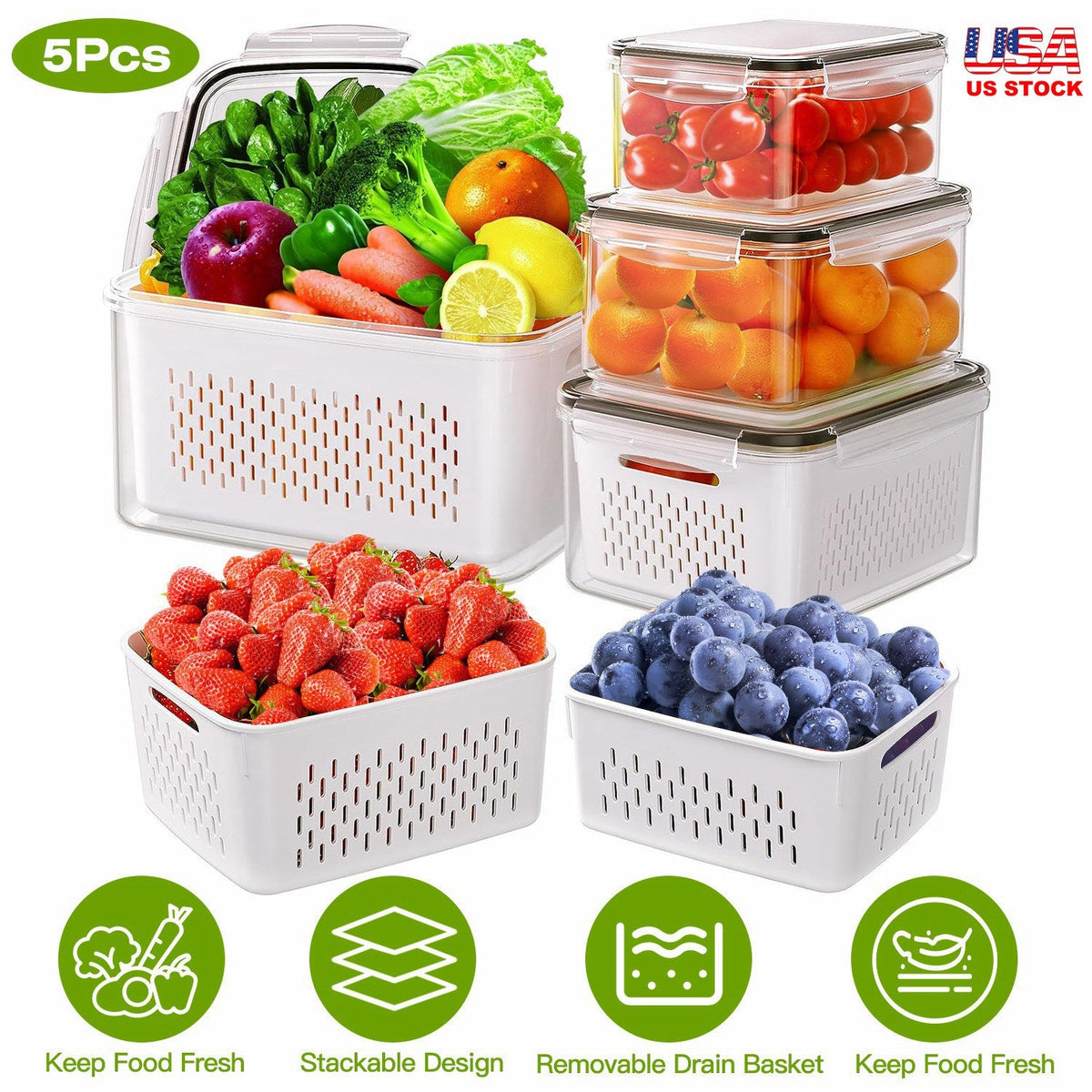 Produce Storage Containers with Drain Baskets, Set of 5