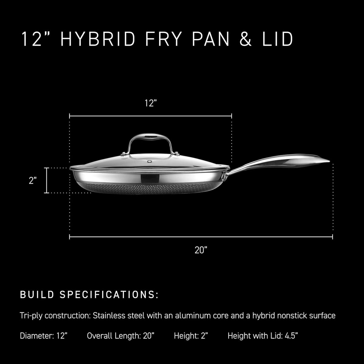 Hexclad 12" Hybrid Nonstick Frying Pan with Lid, Dishwasher & Oven Safe