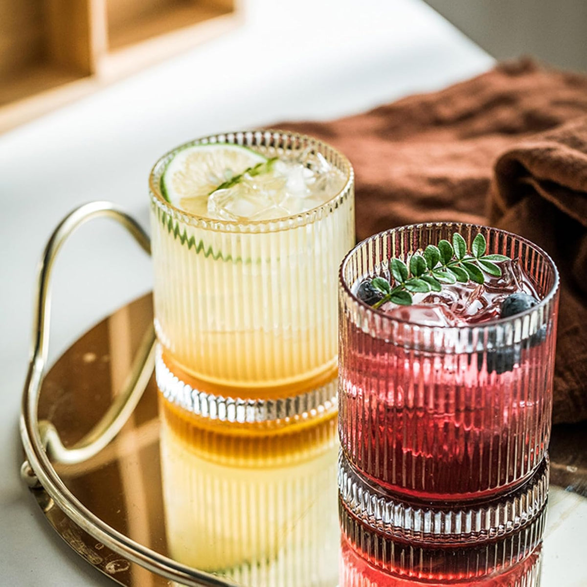Ribbed Glass Cups Set, 13Oz Vintage Drinking Glassware Set of 4, Premium Rocks Glass Cups, Elegant Mixed Glassware Set, Origami Style Cocktail Glasses, Great for Cocktail, Whisky & Beverages