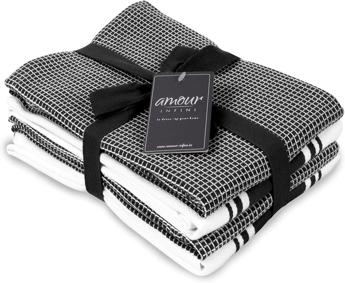 Cotton Kitchen Towels - Set of 4 Highly Absorbent, Ultra Soft Waffle Weave Tea Towel with Hanging Loop - 20X28 Inch Quick Drying Dish Cloths for Cleaning (Black)