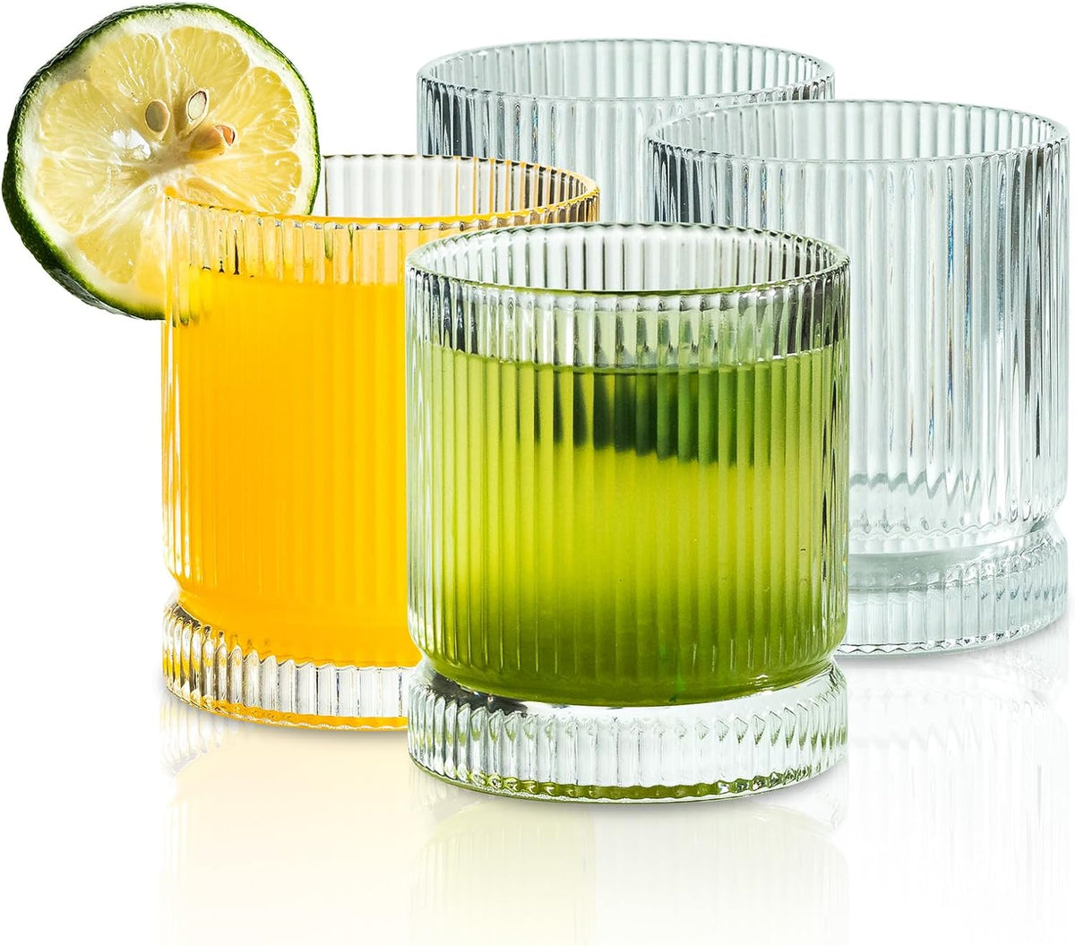 Ribbed Glass Cups Set, 13Oz Vintage Drinking Glassware Set of 4, Premium Rocks Glass Cups, Elegant Mixed Glassware Set, Origami Style Cocktail Glasses, Great for Cocktail, Whisky & Beverages