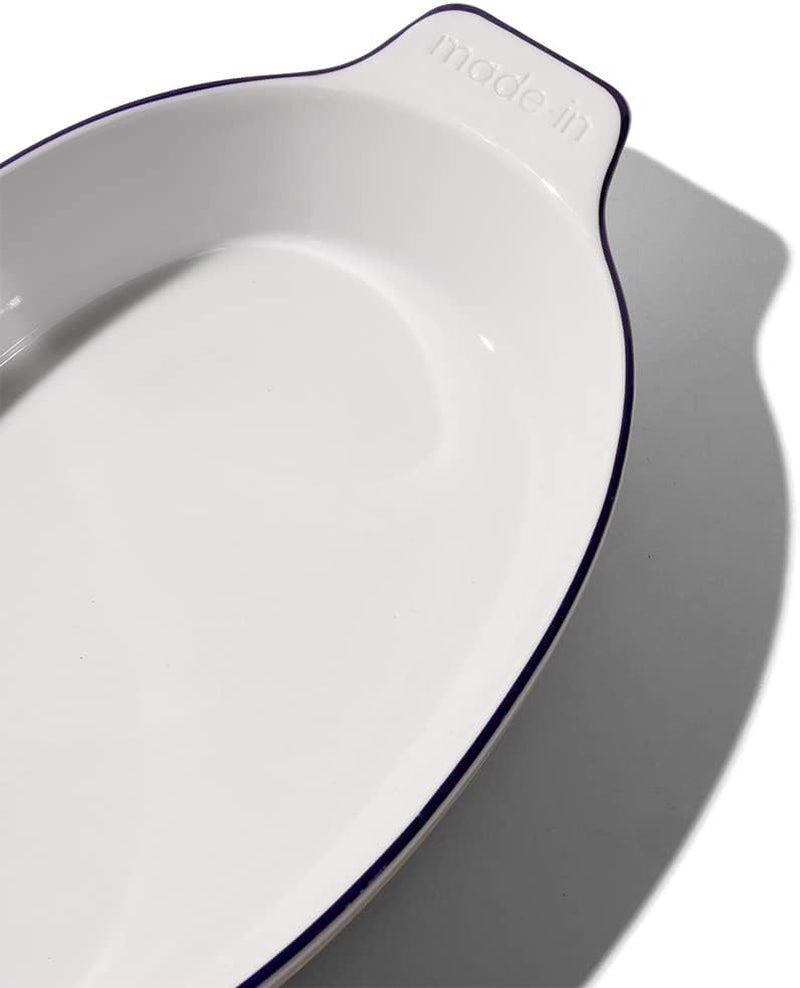 Made in Cookware - Oval Baking Dish - Navy Rim - Handcrafted Porcelain - Professional Bakeware - Crafted in France