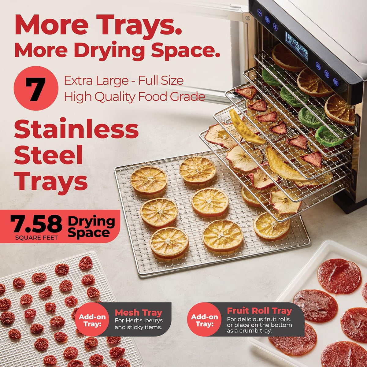 Professional Food Dehydrator with 7 Extra-Large Stainless Steel Trays for Jerky, Dog Treats, Herbs, Meat, and Fruit | Features Keep Warm Function, Digital Timer, and Temperature Control | ETL Certified