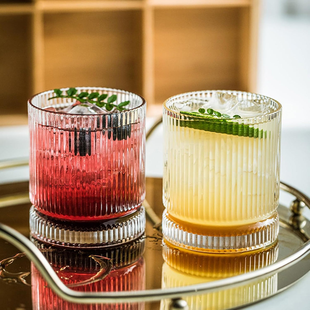 Ribbed Glass Cups Set, 13Oz Vintage Drinking Glassware Set of 4, Premium Rocks Glass Cups, Elegant Mixed Glassware Set, Origami Style Cocktail Glasses, Great for Cocktail, Whisky & Beverages