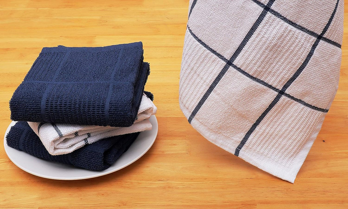 Set of 4 Ultra Absorbent Terry Cotton Kitchen Towels, Quick-Drying Hand and Tea Towels, Soft and Durable Cleaning Cloths with Hanging Loop, 16 x 26 Inches (Navy/Blue)