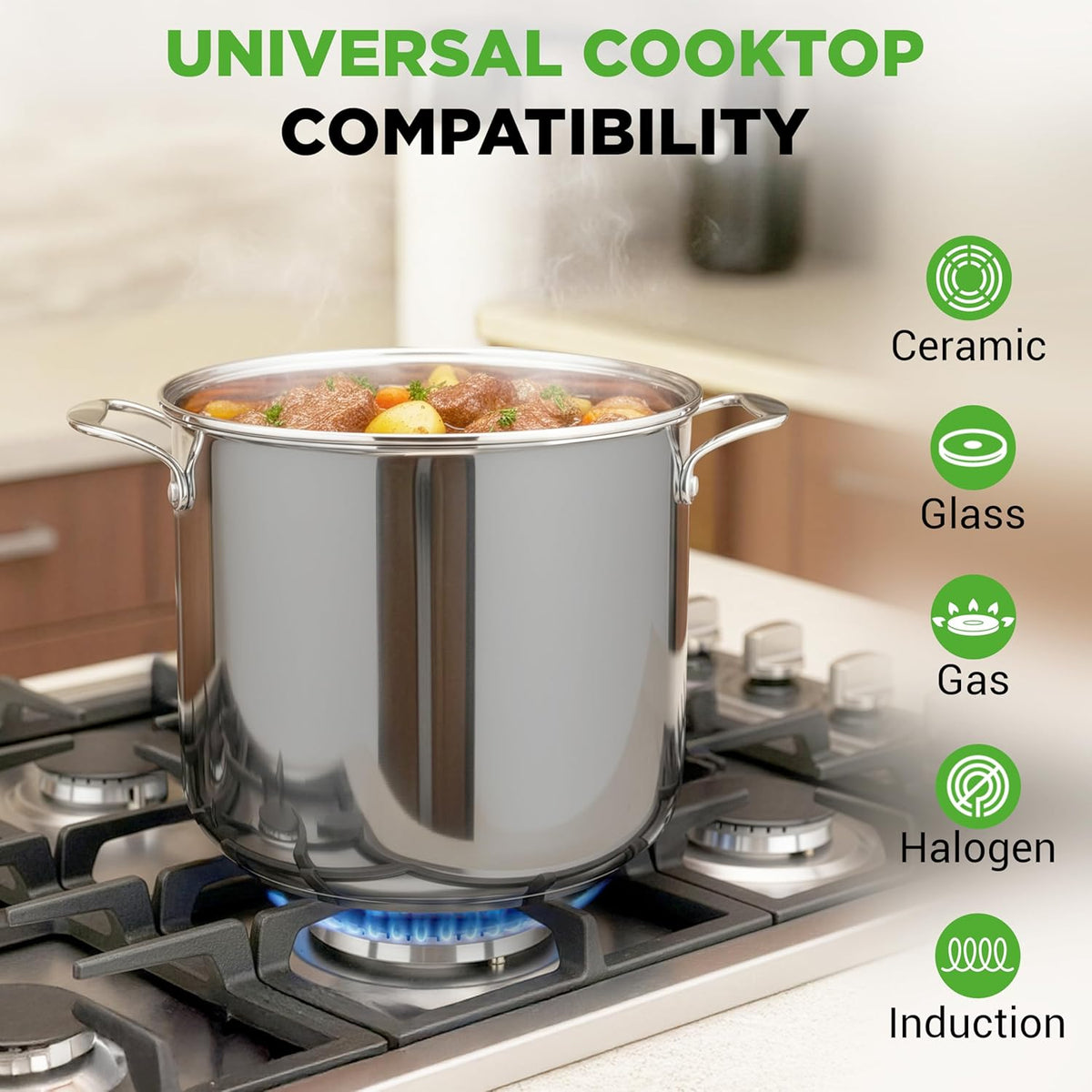 15-Quart Induction-Compatible Stainless Steel Stock Pot with Tempered Glass Lid - Dishwasher Safe for Easy Cleanup