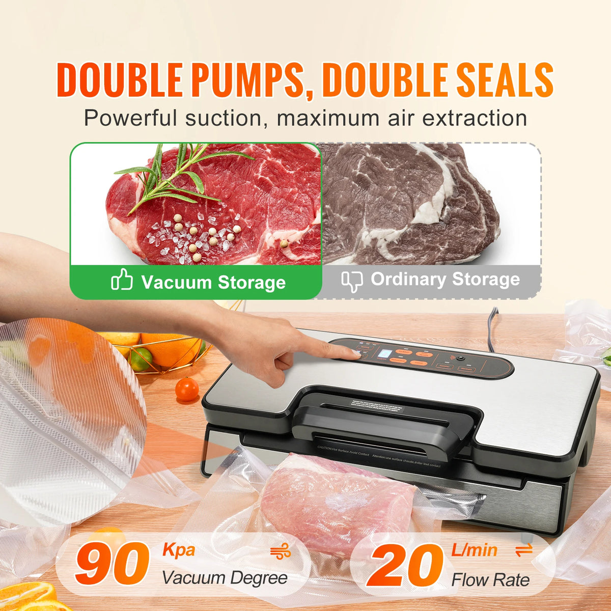 High-Performance 90Kpa 130W Vacuum Sealer with 10 Complimentary Vacuum Bags for Optimal Food Preservation