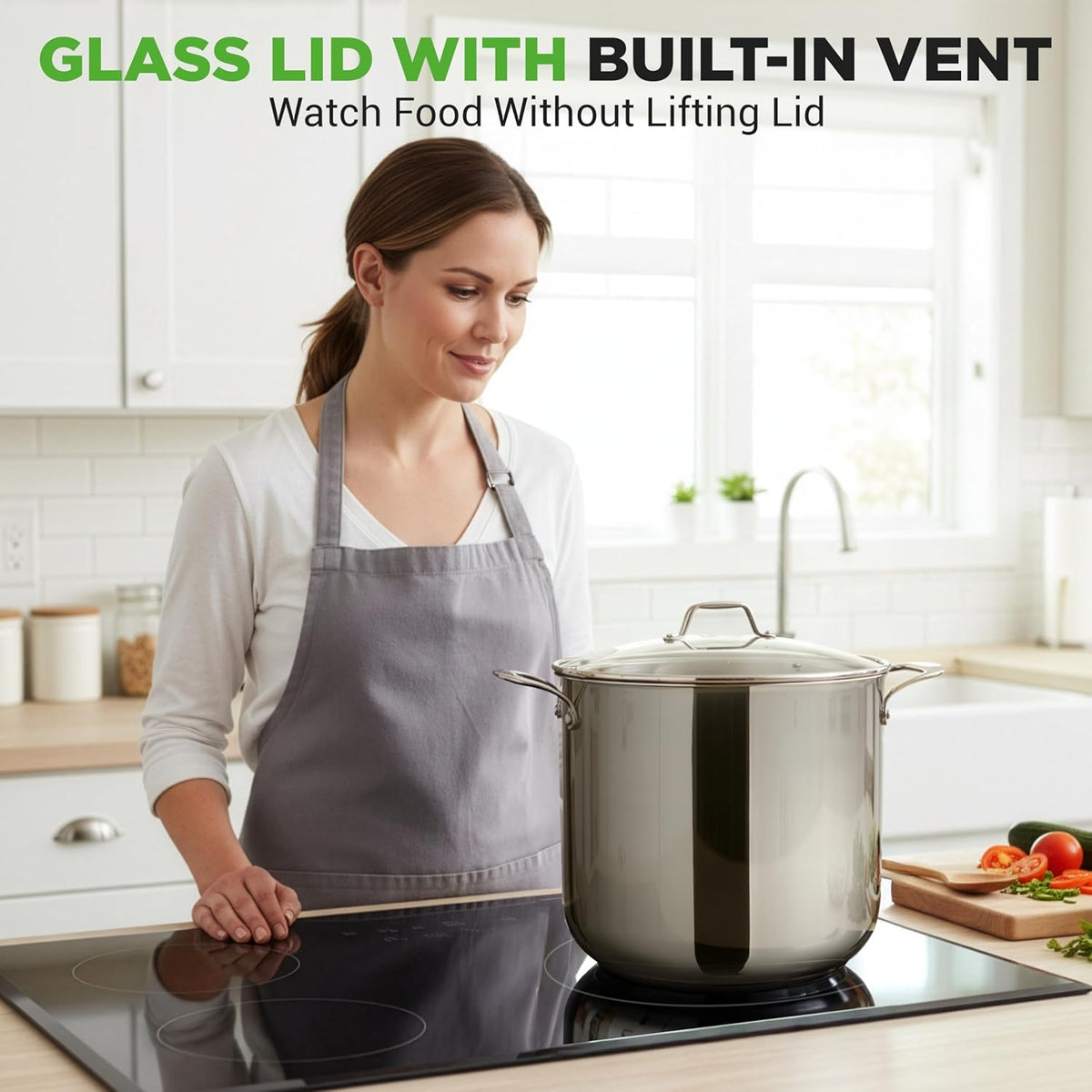 15-Quart Induction-Compatible Stainless Steel Stock Pot with Tempered Glass Lid - Dishwasher Safe for Easy Cleanup