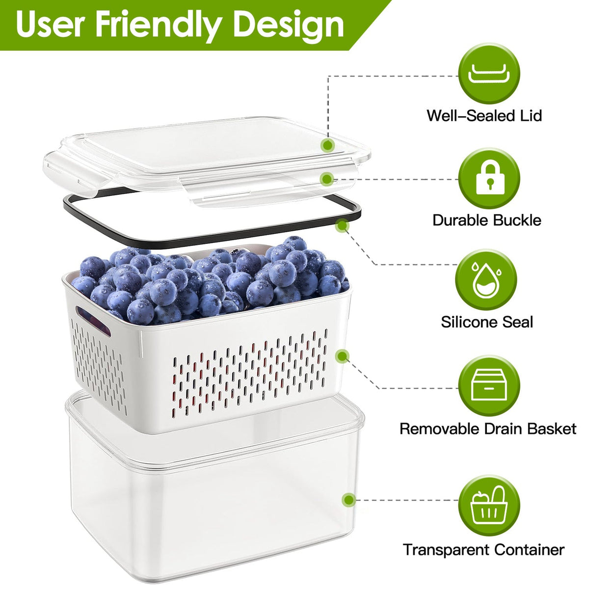 Produce Storage Containers with Drain Baskets, Set of 5