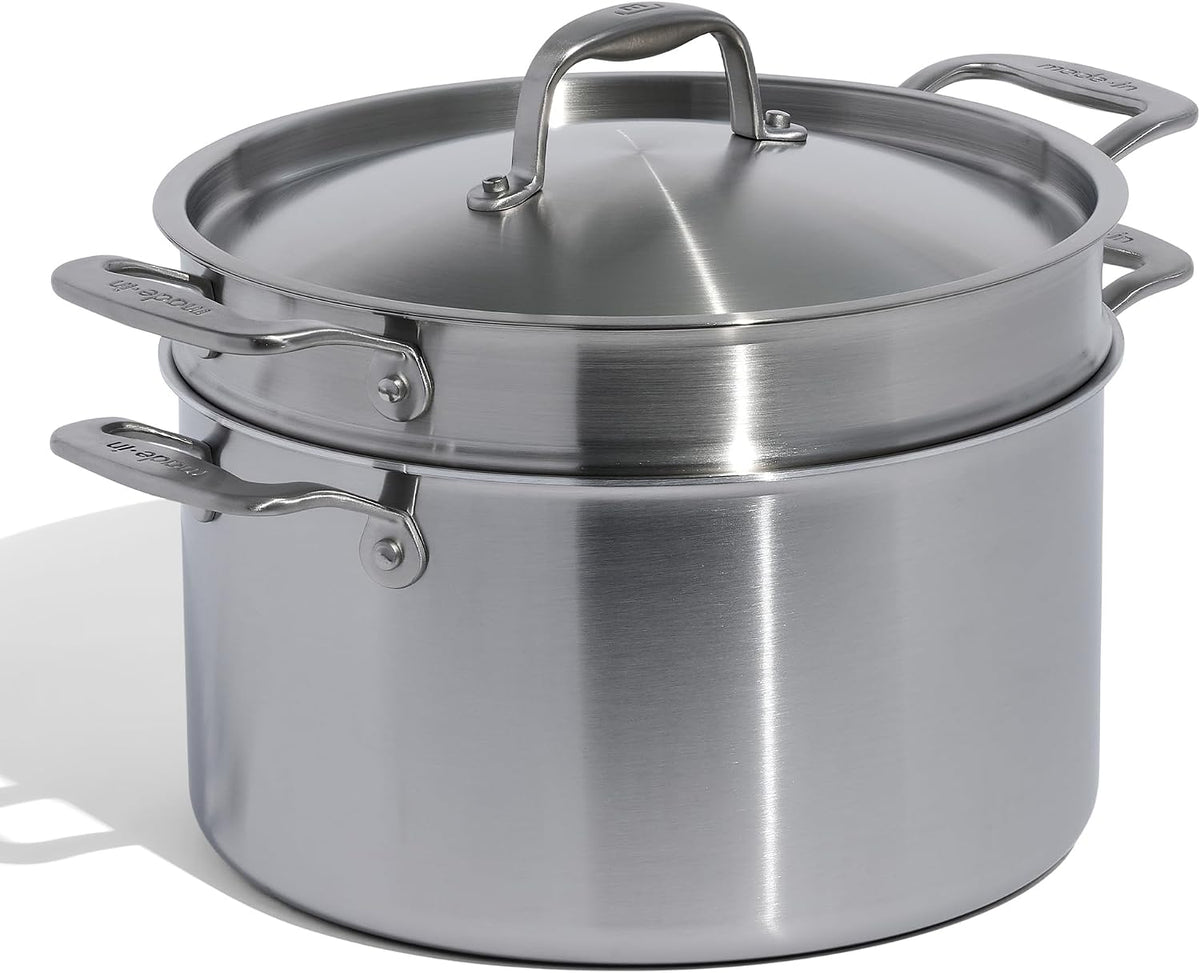Made in Cookware - 8 Quart Stainless Steel Stock Pot with Lid and Pasta Insert - 5 Ply Stainless Clad - Professional Cookware - Crafted in Italy - Induction Compatible