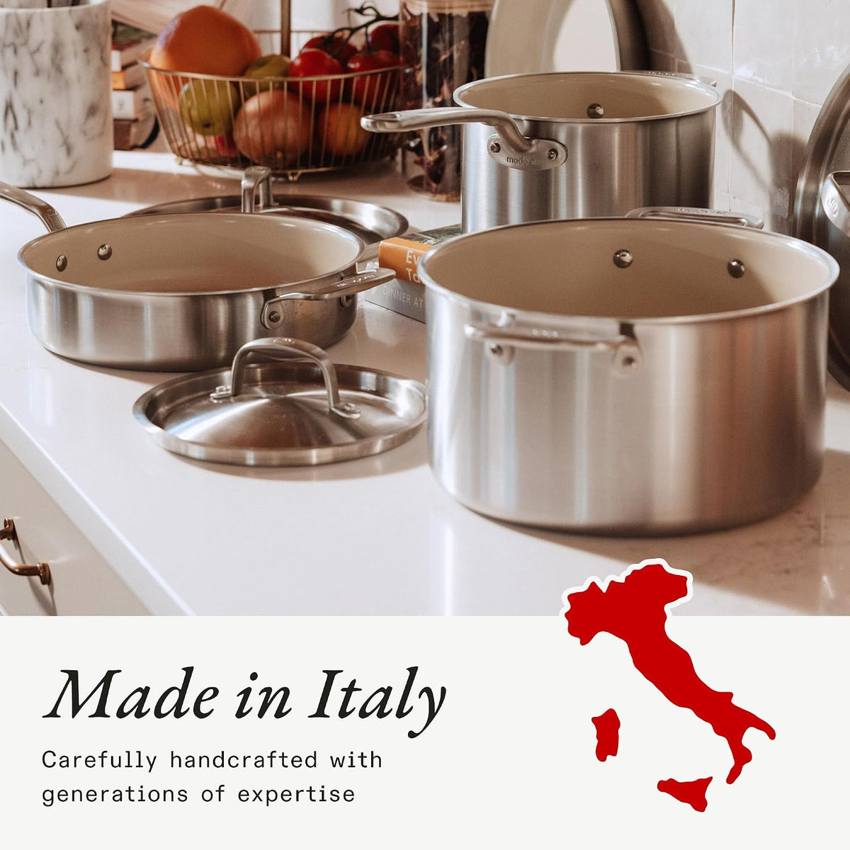 Made in Cookware - 2 QT Ceramiclad Non Stick Saucepan with Lid - 5-Ply Stainless Clad with Stay-Cool Handle - Professional Cookware - Crafted in Italy - Induction Compatible