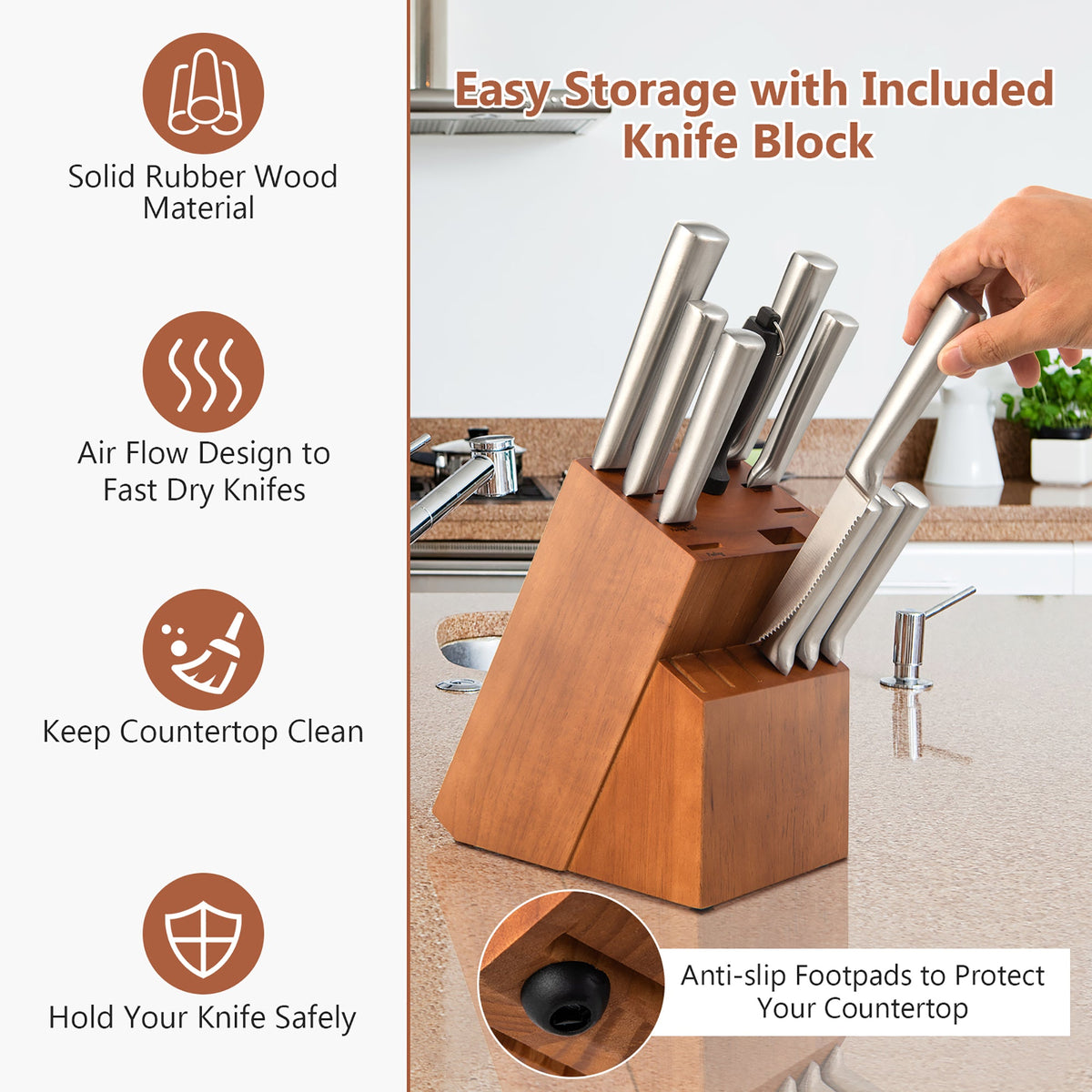 Stainless Steel Knife Set with Sharpener, 16-Piece